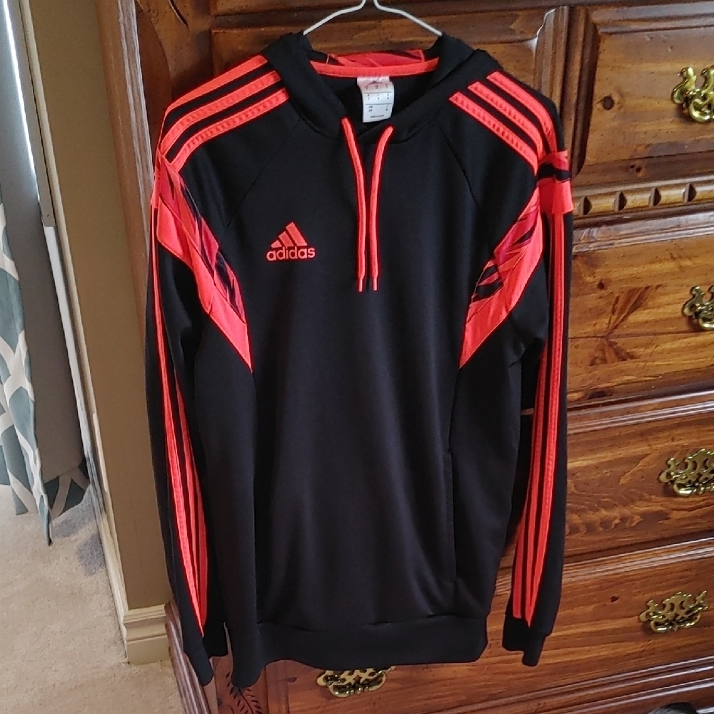 Men's Adidas Black & Neon Orange Trefoil Pullover Hoodie Size Small